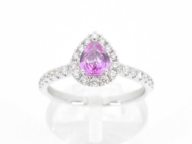 Witgouden entourage ring met een roze saffier - afbeelding 1 van  8