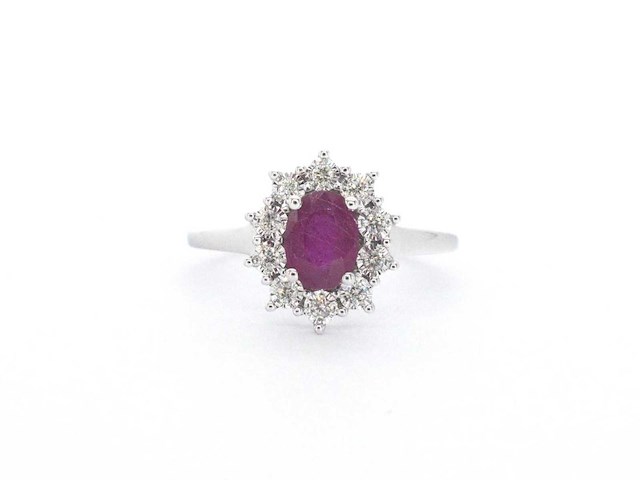 Witgouden entourage ring met robijn en diamanten - afbeelding 6 van  8