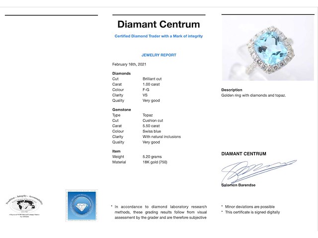 Witgouden entourage ring met topaas en diamanten - afbeelding 3 van  8