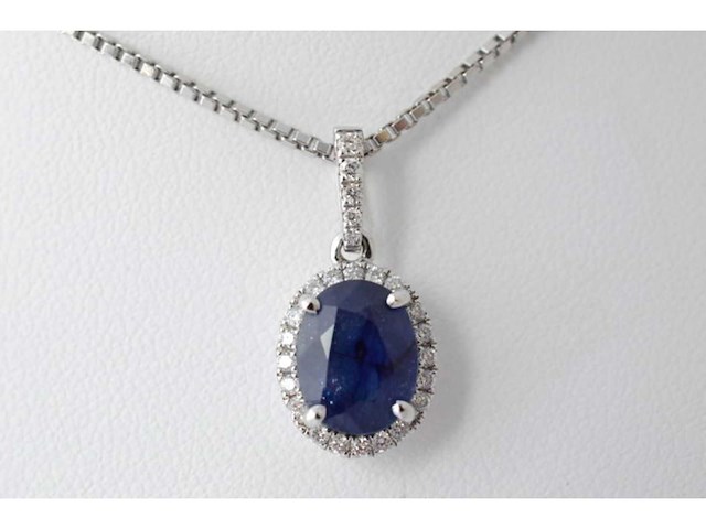 Witgouden hanger 18 carat met diamanten en saffier - afbeelding 1 van  5