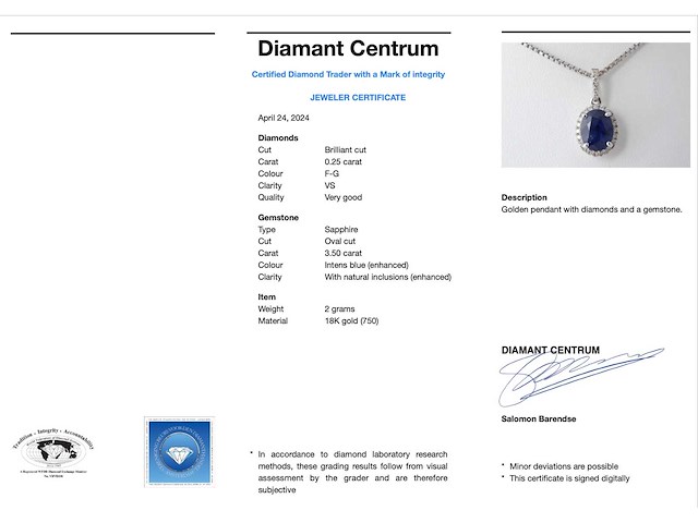 Witgouden hanger 18 carat met diamanten en saffier - afbeelding 3 van  5