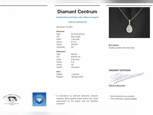 Witgouden hanger briljant 1.00 ct - afbeelding 9 van  9
