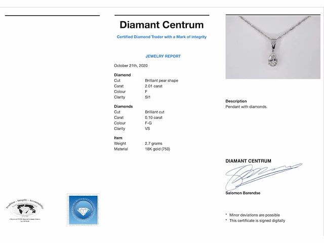Witgouden hanger diamant peer 2.01 ct - afbeelding 4 van  10