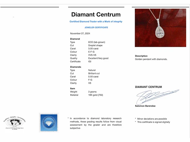 Witgouden hanger druppel briljant 3.00 ct - afbeelding 3 van  8