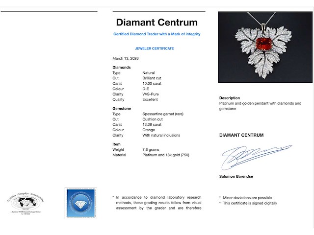 Witgouden hanger met diamanten en edelsteen spessartien van 13 carat - afbeelding 3 van  7