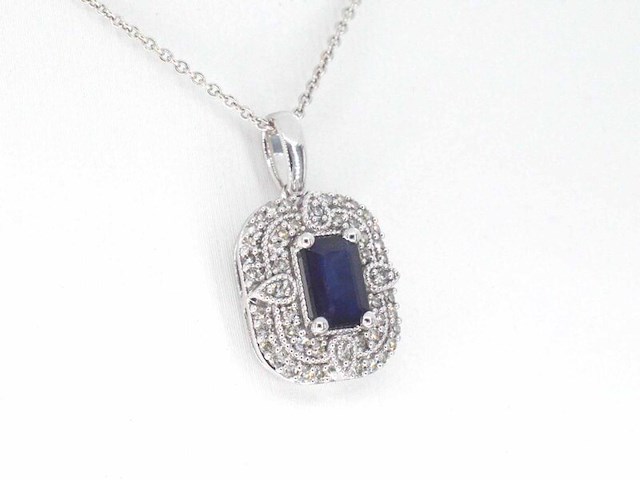 Witgouden hanger met diamanten en saffier, excl. ketting - afbeelding 1 van  9