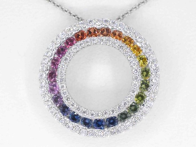 Witgouden hanger met multi colour saffieren en diamanten in een cirkel gezet, excl. ketting - afbeelding 1 van  8