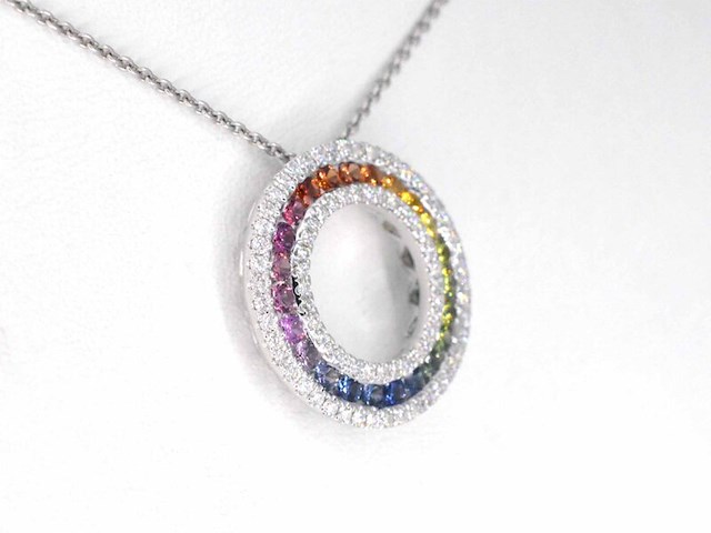 Witgouden hanger met multi colour saffieren en diamanten in een cirkel gezet, excl. ketting - afbeelding 4 van  8