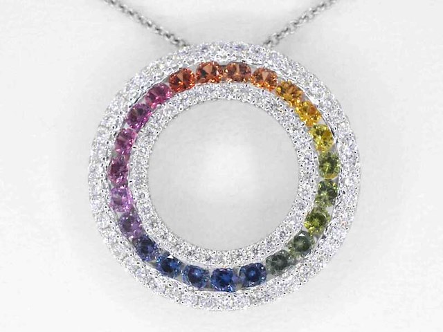 Witgouden hanger met multi colour saffieren en natuurlijke diamanten in een cirkel gezet - afbeelding 1 van  8