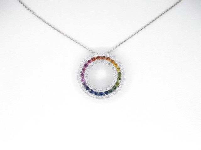 Witgouden hanger met multi colour saffieren en natuurlijke diamanten in een cirkel gezet - afbeelding 2 van  8