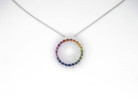 Witgouden hanger met multi colour saffieren en natuurlijke diamanten in een cirkel gezet - afbeelding 2 van  8