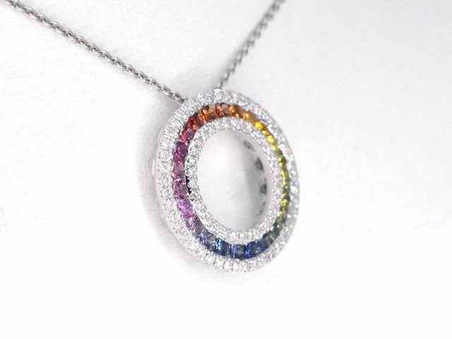 Witgouden hanger met multi colour saffieren en natuurlijke diamanten in een cirkel gezet - afbeelding 4 van  8