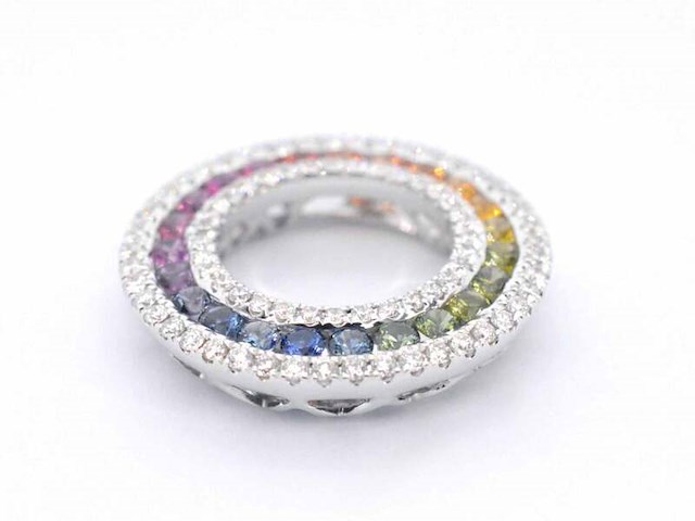 Witgouden hanger met multi colour saffieren en natuurlijke diamanten in een cirkel gezet - afbeelding 5 van  8