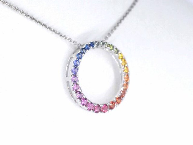 Witgouden hanger met multi colour saffieren in een cirkel gezet, excl. ketting - afbeelding 4 van  9