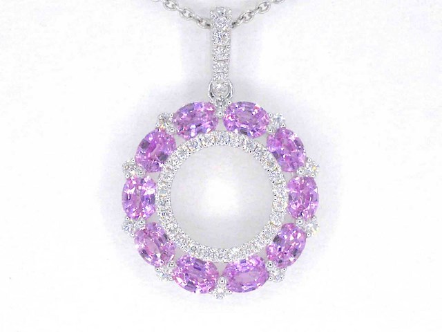 Witgouden hanger met roze saffieren en diamanten cirkelzetting - afbeelding 1 van  7