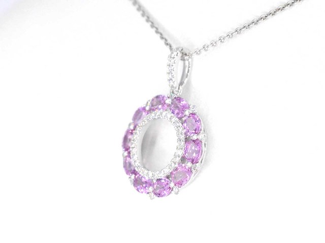 Witgouden hanger met roze saffieren en diamanten cirkelzetting - afbeelding 4 van  7