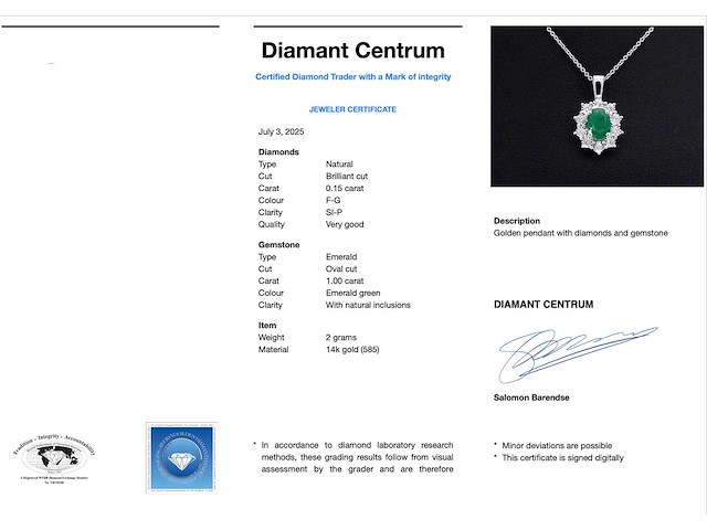 Witgouden hanger natuurlijke diamanten en smaragd - afbeelding 3 van  9