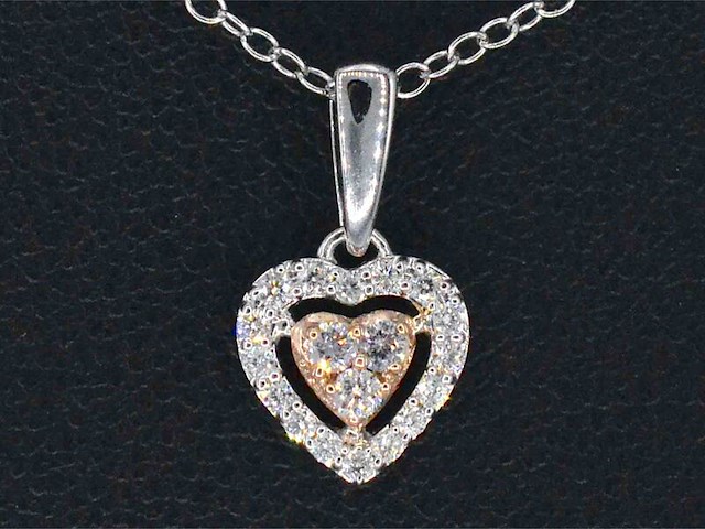 Witgouden hartvormige hanger met natuurlijke roze en witte diamant, incl. ketting - afbeelding 1 van  9