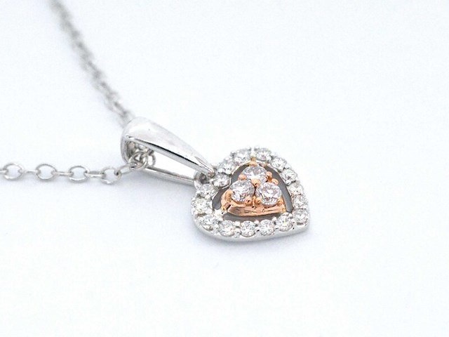 Witgouden hartvormige hanger met natuurlijke roze en witte diamant, incl. ketting - afbeelding 6 van  9