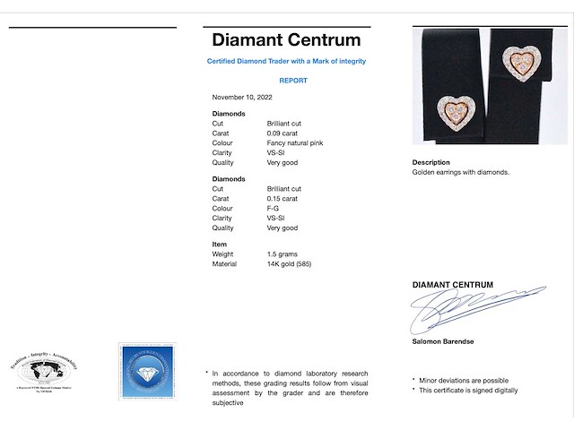 Witgouden hartvormige oorbellen met natuurlijke roze en witte diamant - afbeelding 3 van  8