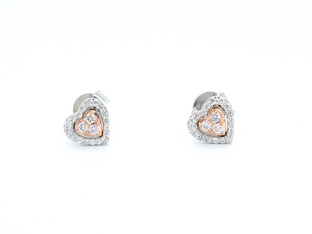 Witgouden hartvormige oorbellen met natuurlijke roze en witte diamant - afbeelding 7 van  8