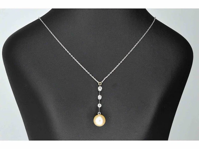 Witgouden ketting met parel en diamanten - afbeelding 5 van  7
