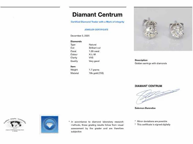 Witgouden oorbellen diamant 1.00 ct - afbeelding 6 van  6