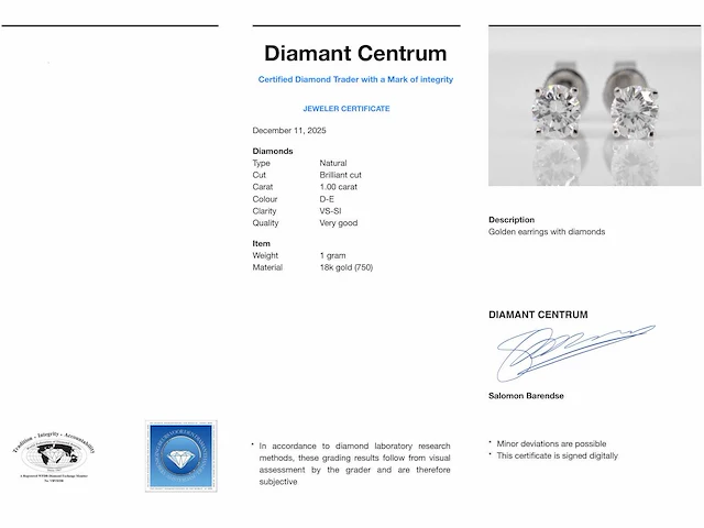 Witgouden oorbellen diamant 1.00 ct - afbeelding 5 van  5