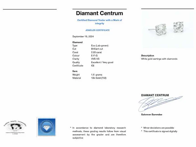 Witgouden oorbellen diamant 2.00 ct igi - afbeelding 9 van  9