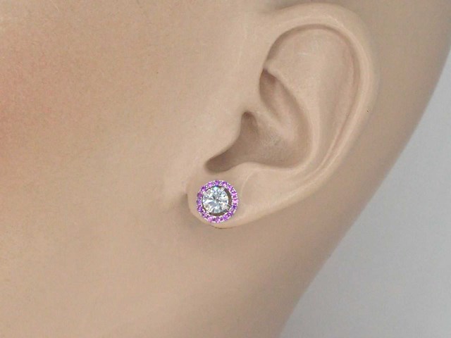 Witgouden oorbellen diamanten en roze saffieren - afbeelding 2 van  8
