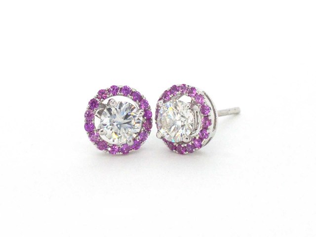 Witgouden oorbellen met diamanten en roze saffieren - afbeelding 1 van  6