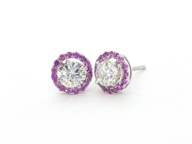Witgouden oorbellen met diamanten en roze saffieren - afbeelding 1 van  9