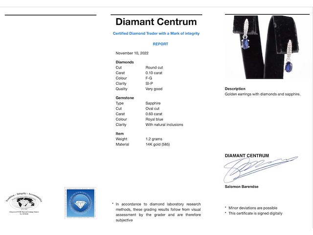 Witgouden oorbellen met diamanten en saffier - afbeelding 3 van  7