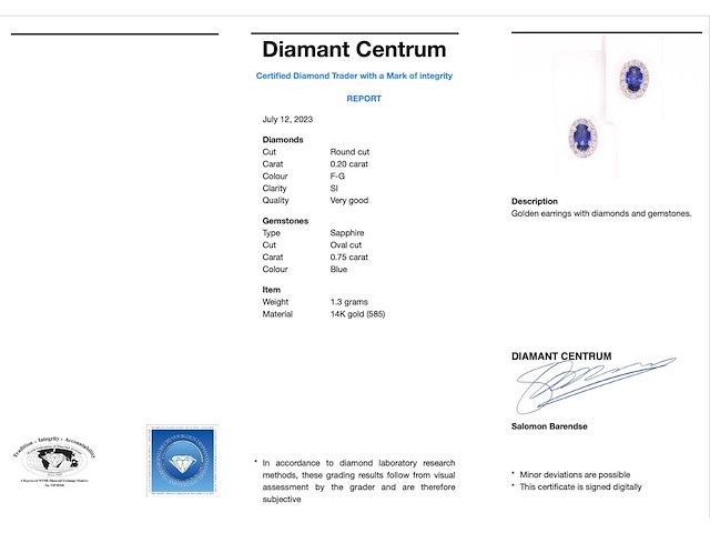 Witgouden oorbellen met diamanten en saffier - afbeelding 3 van  9