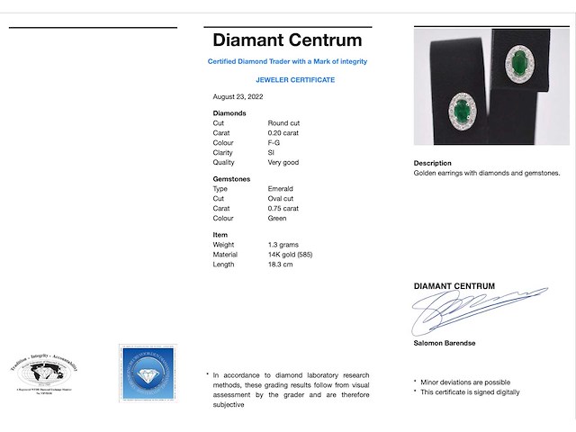 Witgouden oorbellen met diamanten en smaragd - afbeelding 3 van  6