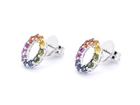 Witgouden oorbellen met multi colour saffieren in een cirkel - afbeelding 7 van  10