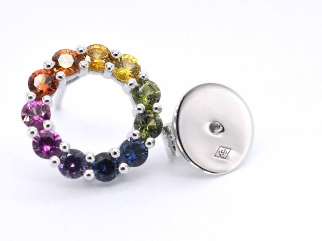Witgouden oorbellen met multi colour saffieren in een cirkel - afbeelding 9 van  10
