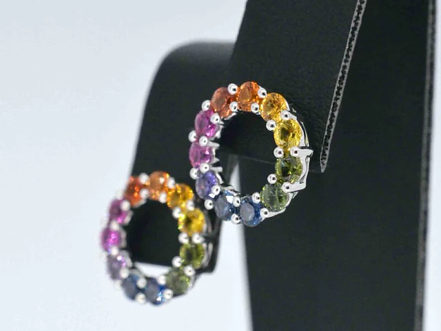 Witgouden oorbellen met multi colour saffieren in een cirkel - afbeelding 4 van  10