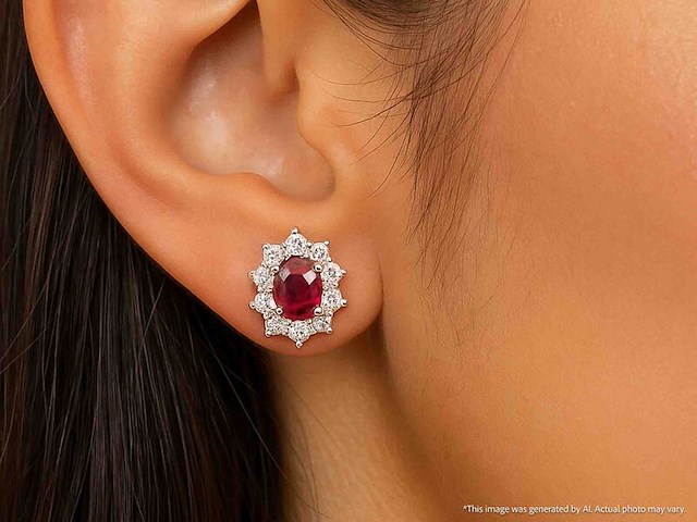 Witgouden oorbellen met natuurlijke diamanten en robijnen - afbeelding 4 van  11
