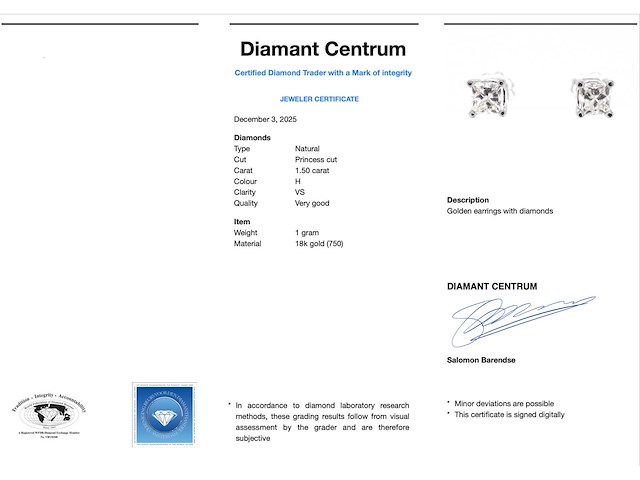 Witgouden oorbellen met princess geslepen diamanten 1.50 carat - afbeelding 3 van  5