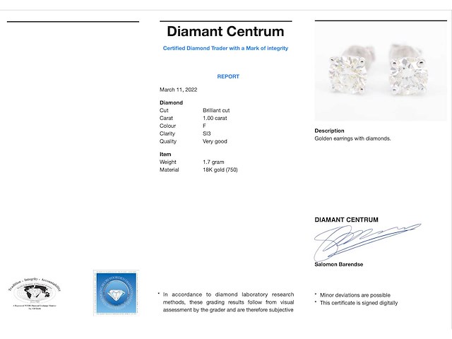 Witgouden oorbellen met twee solitaire diamanten 1.00 carat totaal - afbeelding 3 van  5