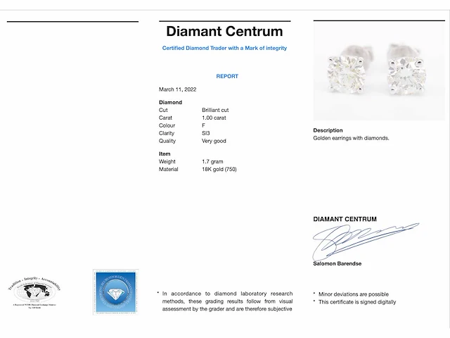 Witgouden oorbellen solitair diamant 1.00 ct - afbeelding 3 van  5
