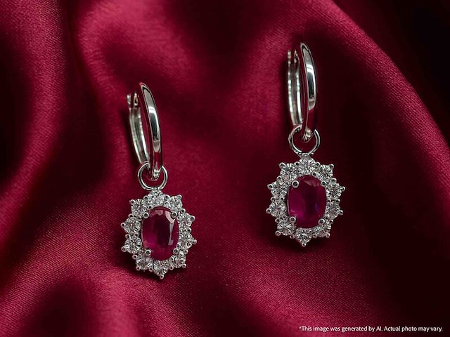 Witgouden oorhangers met natuurlijke diamanten en robijnen - afbeelding 9 van  10