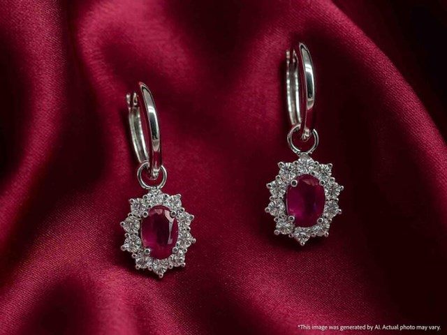 Witgouden oorhangers met natuurlijke diamanten en robijnen - afbeelding 9 van  10