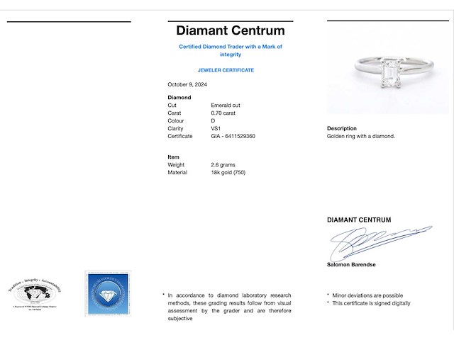 Witgouden ring 18 carat met emerald geslepen diamant gia gecertificeerd - afbeelding 4 van  10