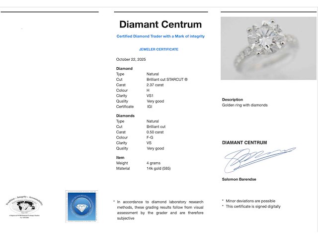 Witgouden ring briljant diamant 2.87 carat gecertificeerd - afbeelding 3 van  5