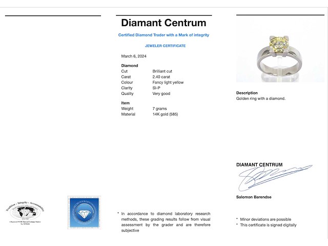 Witgouden ring fancy yellow diamant 2.40 ct - afbeelding 9 van  9