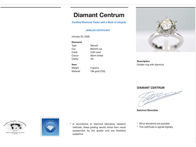 Witgouden ring met briljant geslepen diamant 3.00 carat - afbeelding 2 van  3