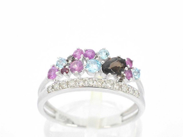 Witgouden ring met diamanten en mooie edelstenen - afbeelding 1 van  10