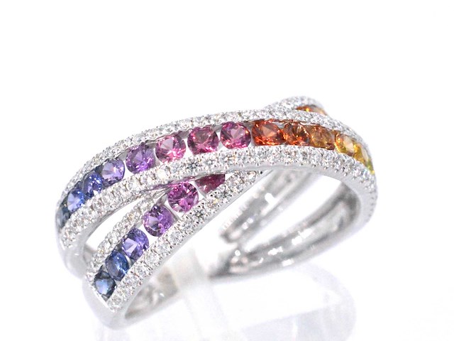 Witgouden ring met diamanten en multicolour saffieren - afbeelding 10 van  11